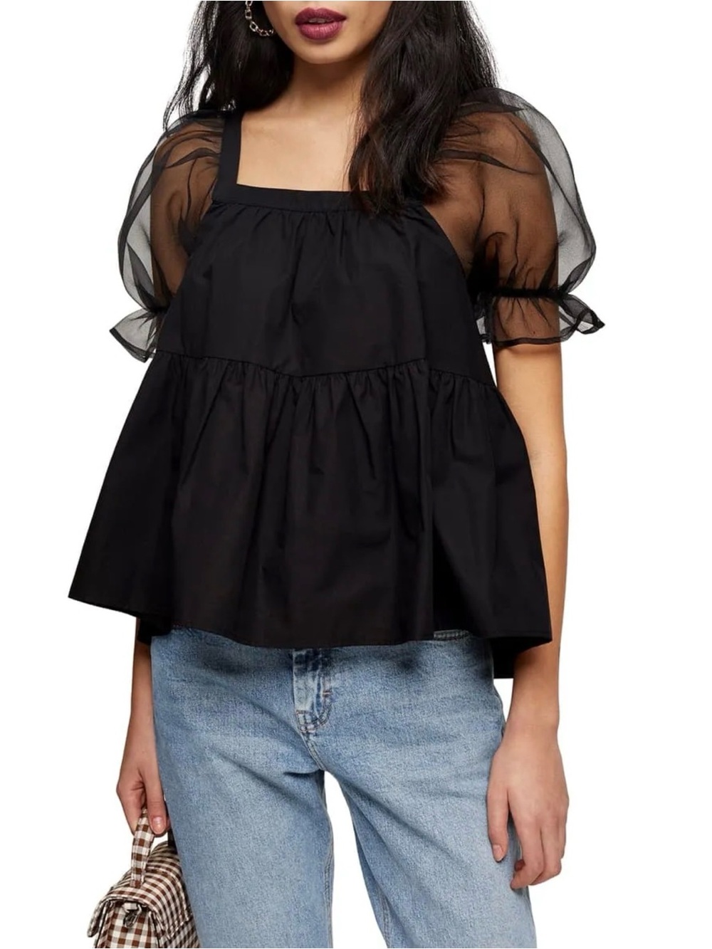 TOPSHOP Organza Puff Sleeve 100% Cotton Tiered Peplum Top Size 2